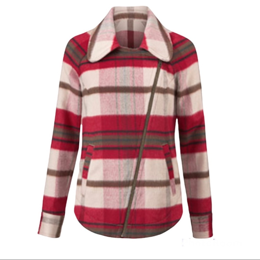 CAbi Style 3678 Limited Ed. Shelter Jacket Soft Red Brown Cream Plaid Size XS